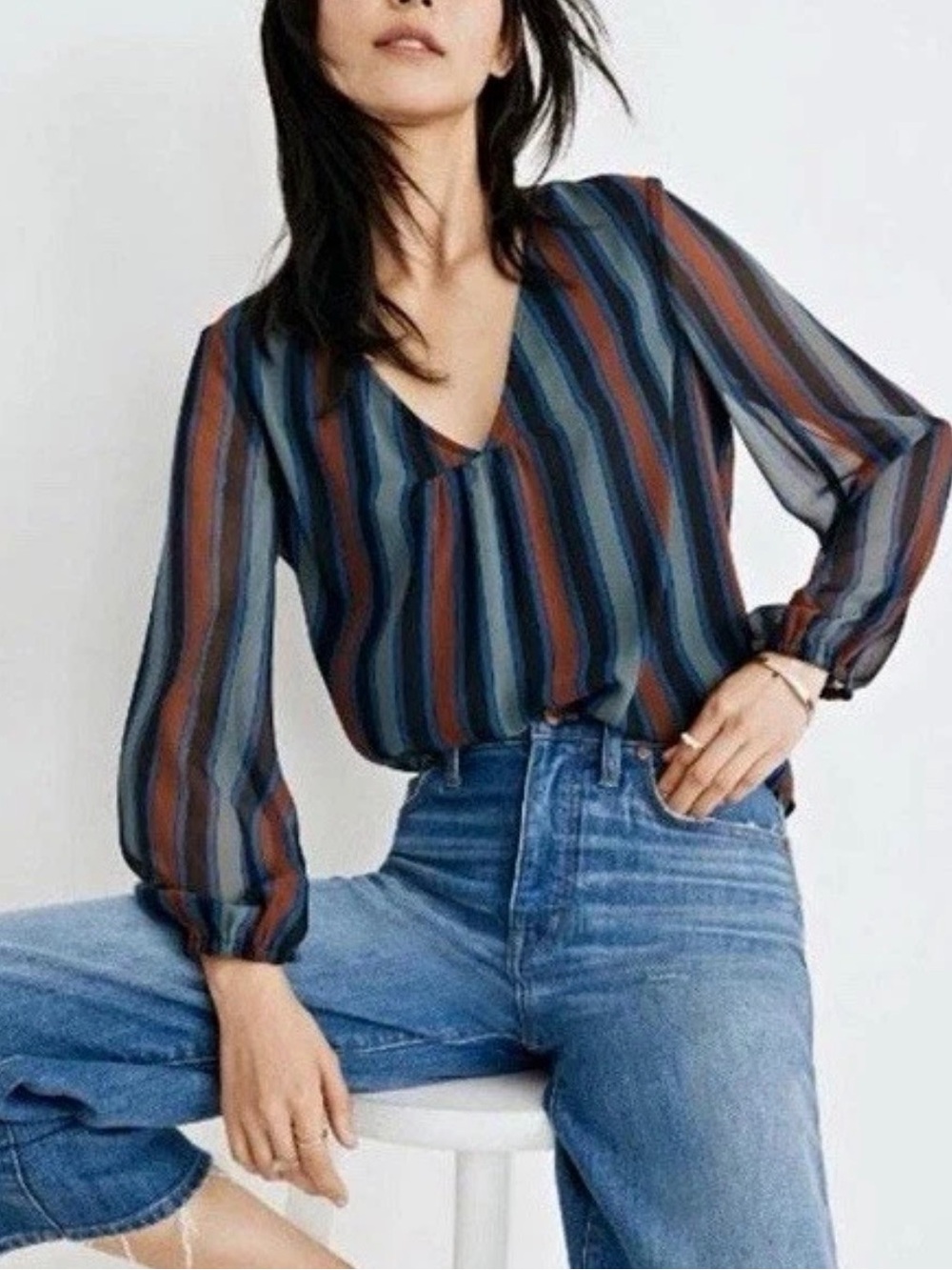 Madewell Sheer-Sleeve Top in Academy Stripe V Neck Size 2XS Casual Business